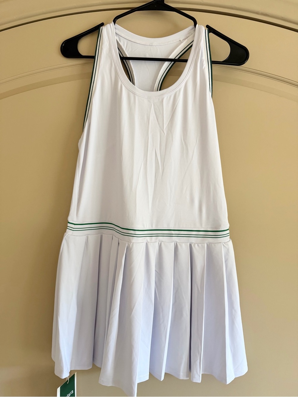 HALARA White Pleated Tennis Dress with Green Stripe Trim
